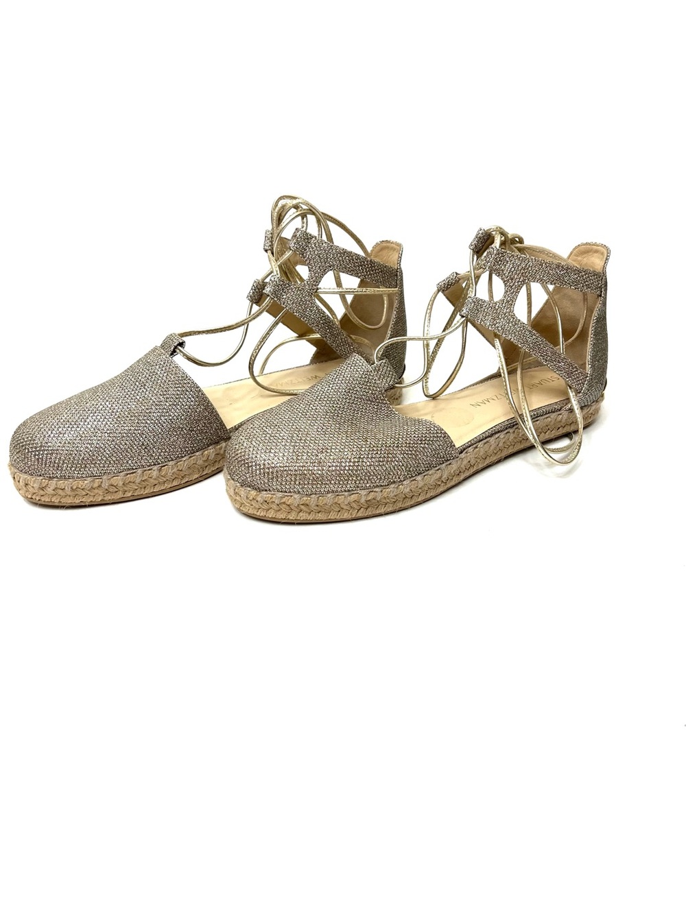 Stuart Weitzman Metallic Taupe Espadrille Lace-Up Flats